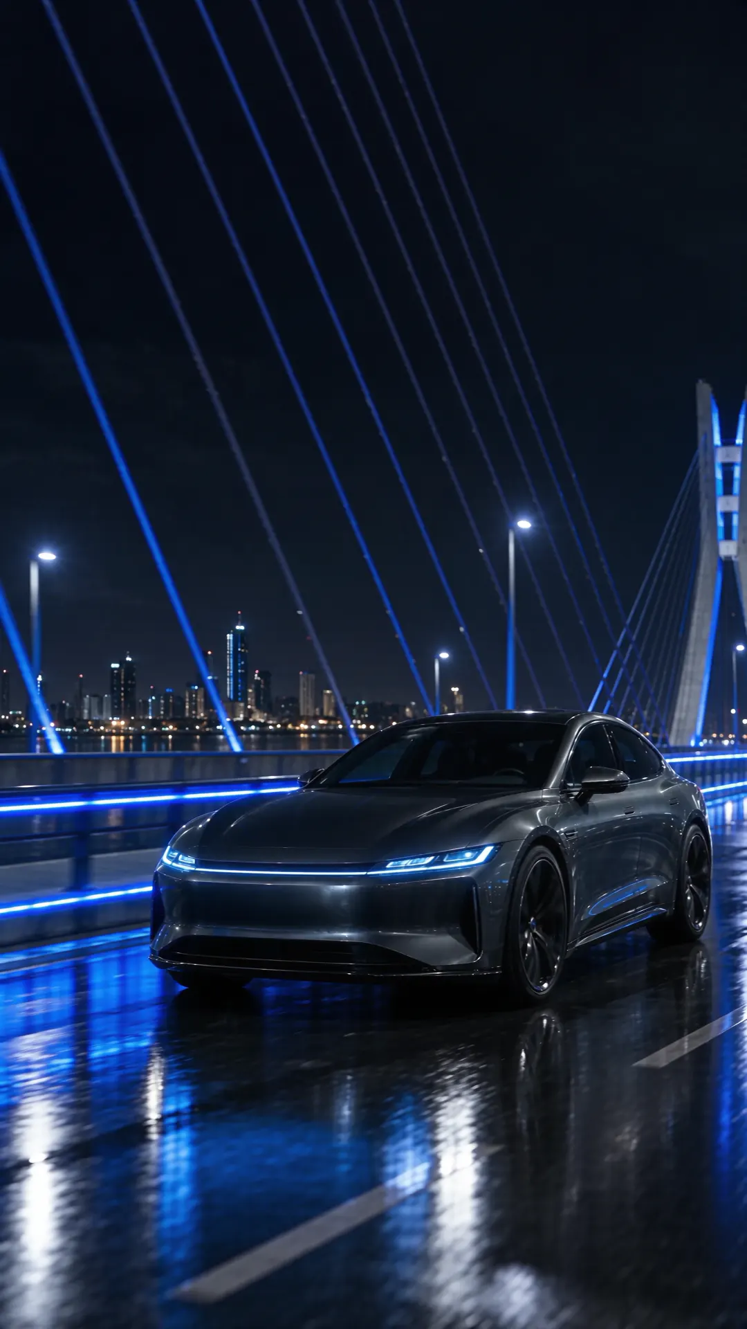 A graphite electric sedan on a blue-lit bridge at night, Lagos skyline behind