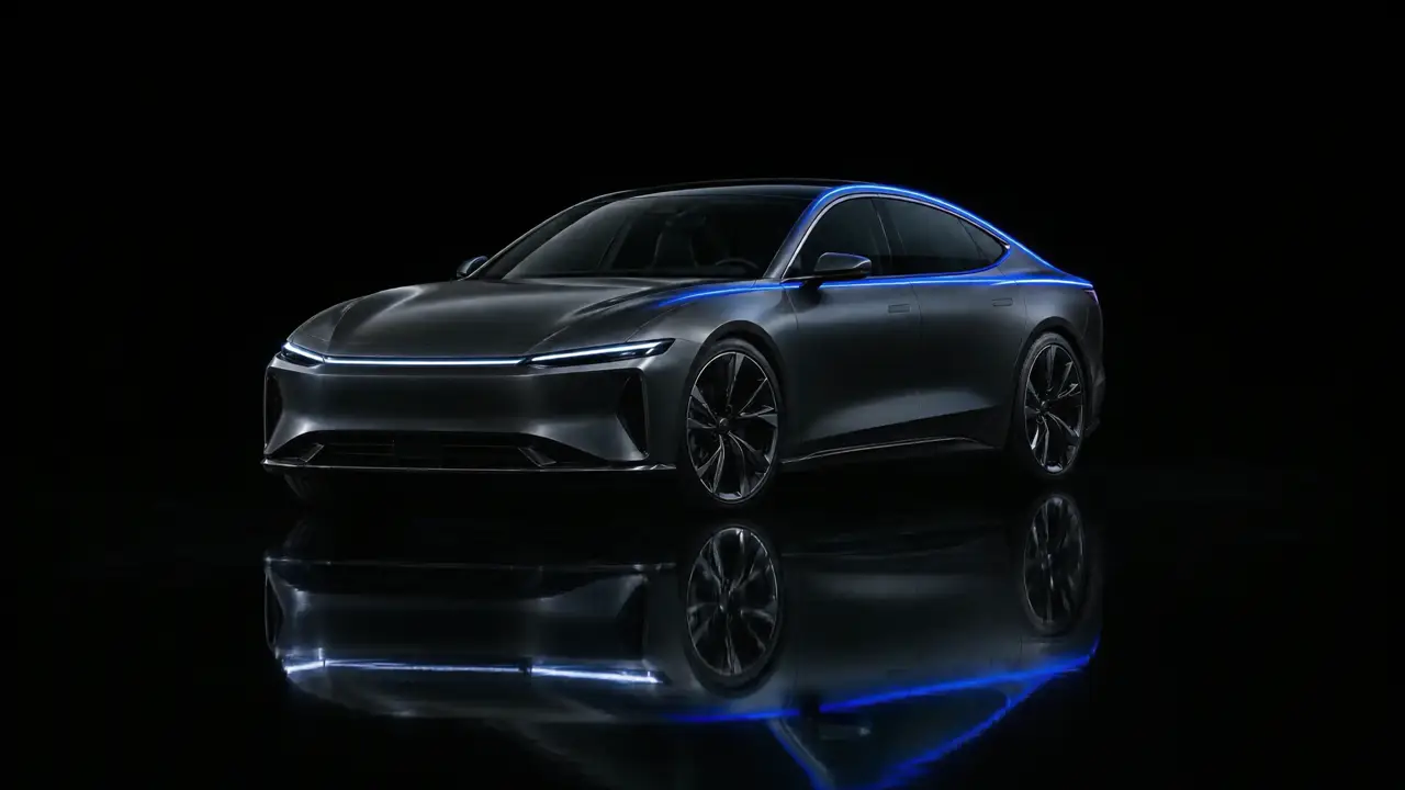 A graphite electric sedan in a dark studio, outlined by a blue rim light